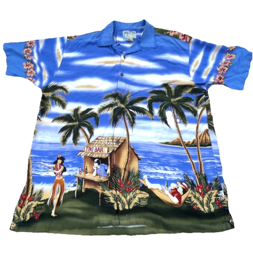 Vintage Big Dogs Shirt Men Large Blue Hawaiian Hula Tiki Camp Dive Bar Button Up